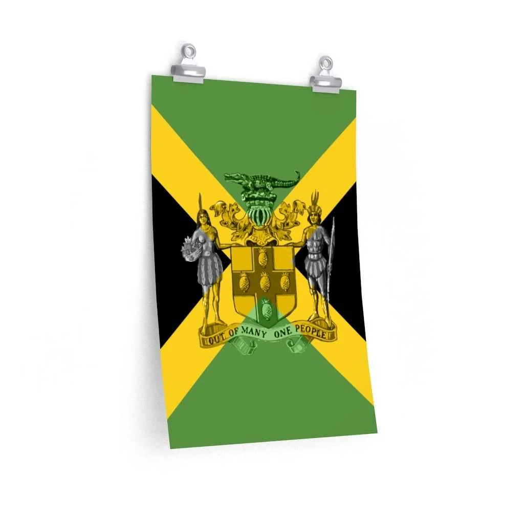 Jamaica posters in several sizes and matte finish. Out of Many one people crest and Jamaican Flag colored design.