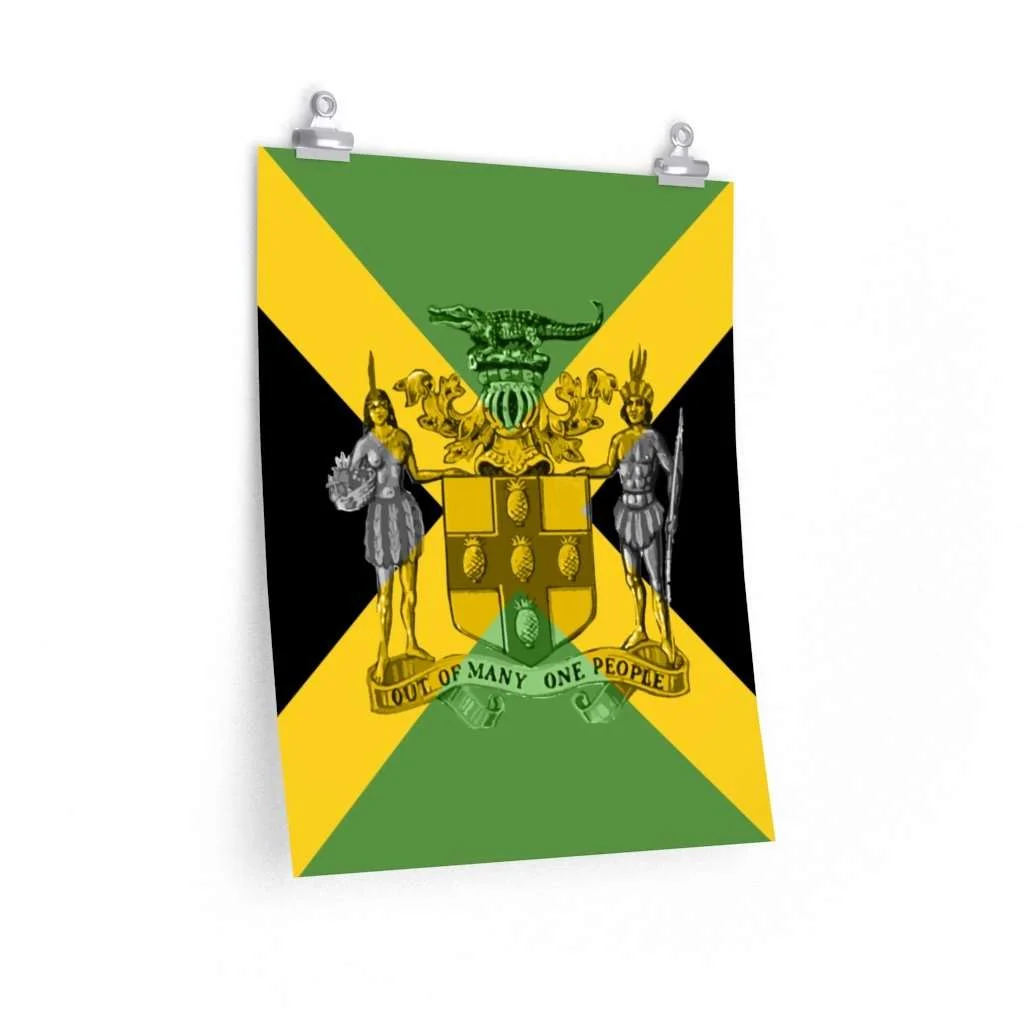 Jamaica posters in several sizes and matte finish. Out of Many one people crest and Jamaican Flag colored design.
