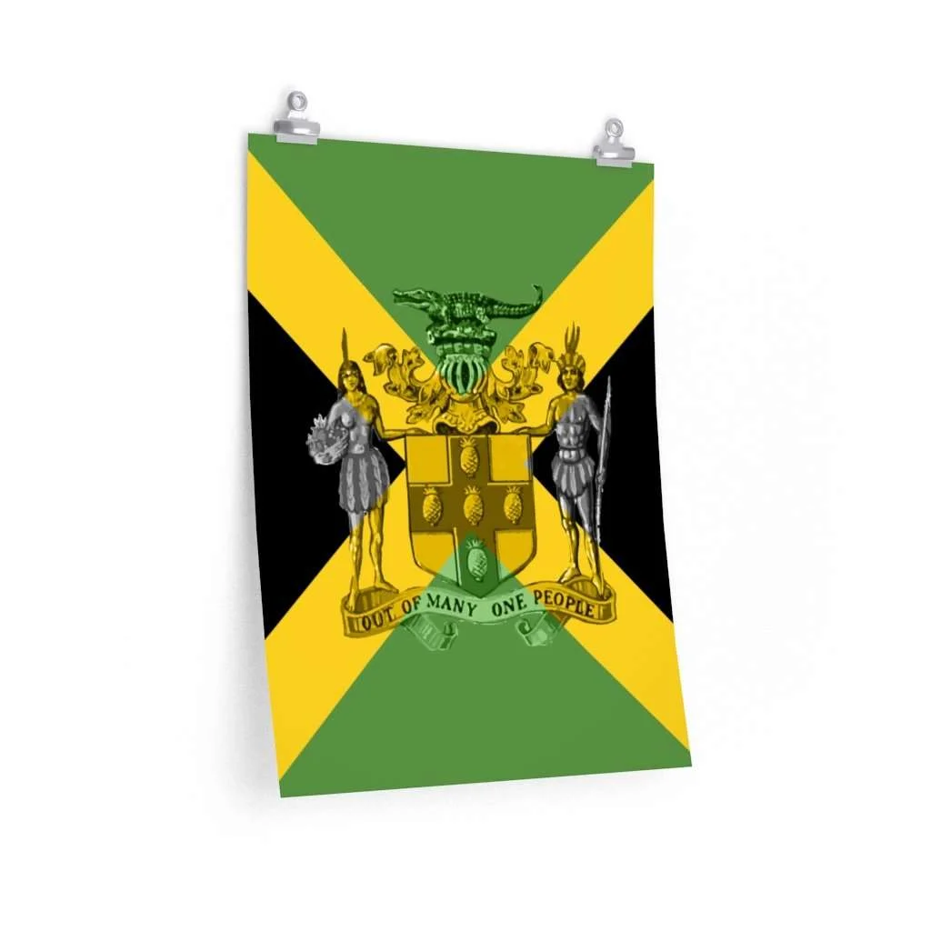 Jamaica posters in several sizes and matte finish. Out of Many one people crest and Jamaican Flag colored design.