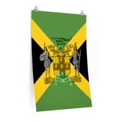Jamaica posters in several sizes and matte finish. Out of Many one people crest and Jamaican Flag colored design.