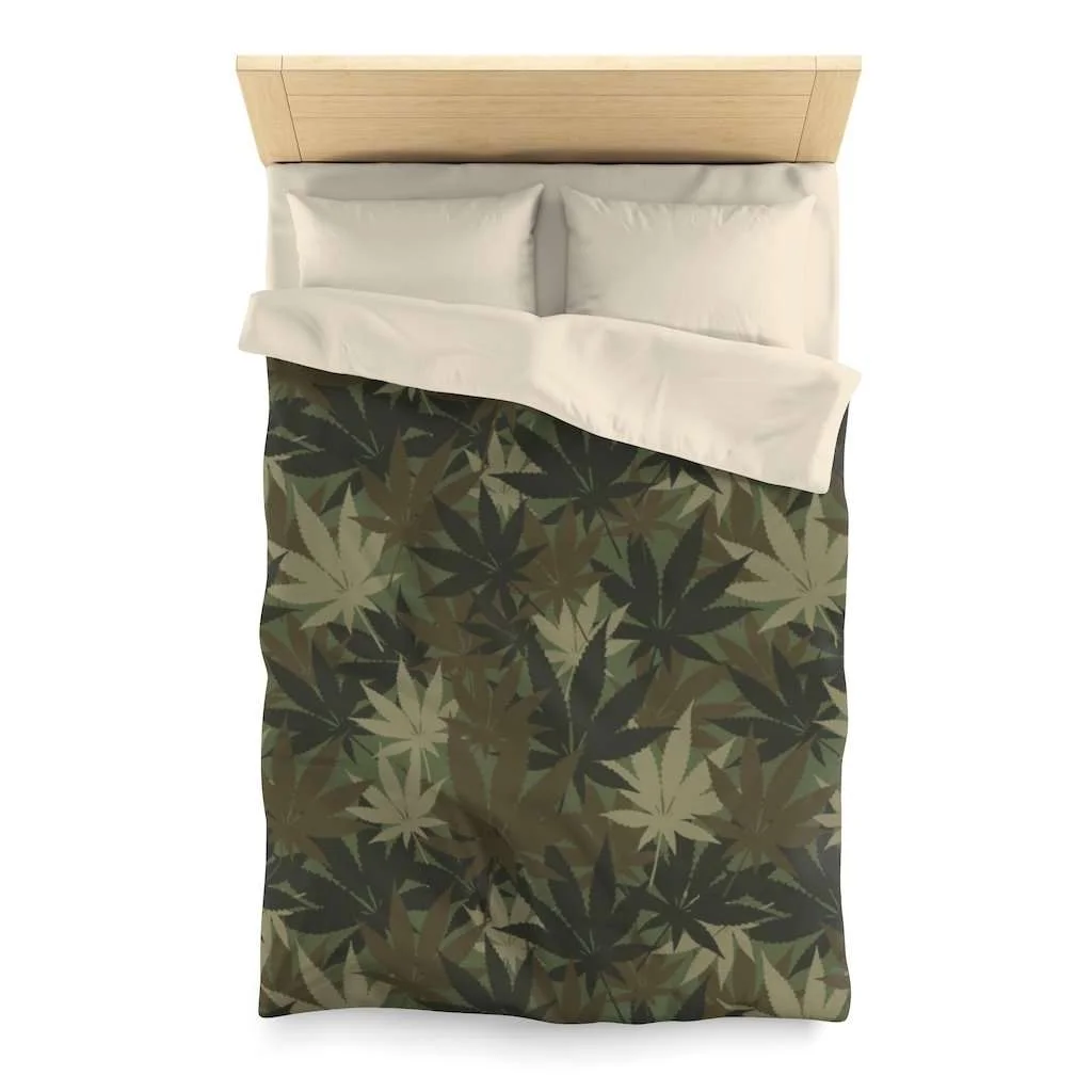 Hemp Leaf Camo Microfiber Duvet Cover in muted khaki colors all over print design. Hemp Leaf Camouflage in the bedroom from Rastaseed.com