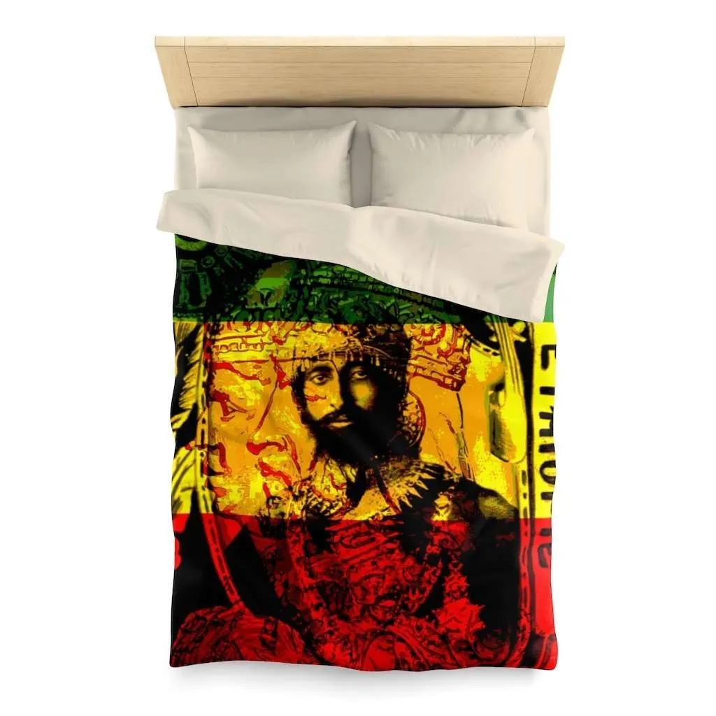 Haile Selassie Microfiber Duvet Cover in vivid all over print natural mystic design. Red gold green and black colors.