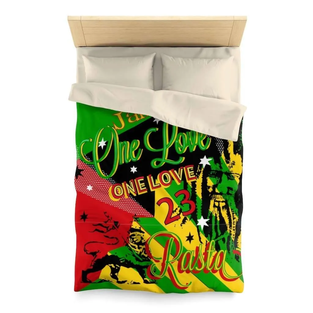 Rasta Reggae Party Microfiber Duvet Cover in vivid all over print red gold green and black design with Jamaican Reggae symbology.