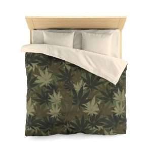 Hemp Leaf Camo Microfiber Duvet Cover in muted khaki colors all over print design. Hemp Leaf Camouflage in the bedroom from Rastaseed.com