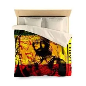 Haile Selassie Microfiber Duvet Cover in vivid all over print natural mystic design. Red gold green and black colors.