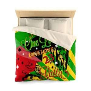 Rasta Reggae Party Microfiber Duvet Cover in vivid all over print red gold green and black design with Jamaican Reggae symbology.