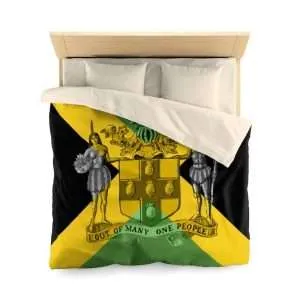 Jamaican Microfiber Duvet Cover in vivid all over print design. Jamaican flag design with coat of arms, out of many one people at Rastaseed.