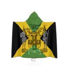 Jamaican Hooded Blanket in vivid all over print design with Jamaican colors and coat of arms out of many one people. Rastaseed merchandise.