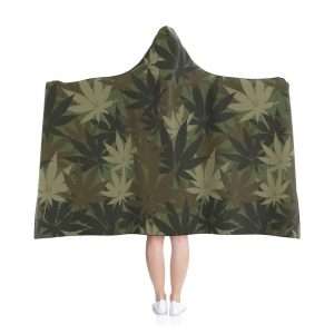Hemp Leaf Camo Hooded Blanket in muted khaki all over print hemp leaf camouflage design. Warm and cosy wrap blanket from Rastaseed.com