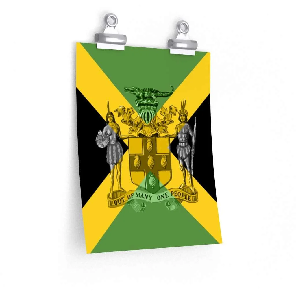 Jamaica posters in several sizes and matte finish. Out of Many one people crest and Jamaican Flag colored design.