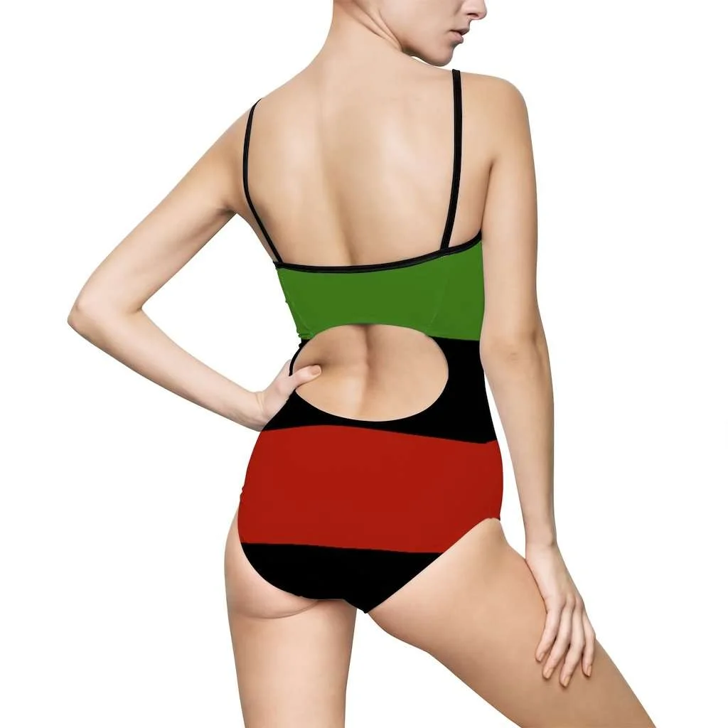 Pan African Flag Womens One piece swimsuit back view. Rastaseed merchandise and blog