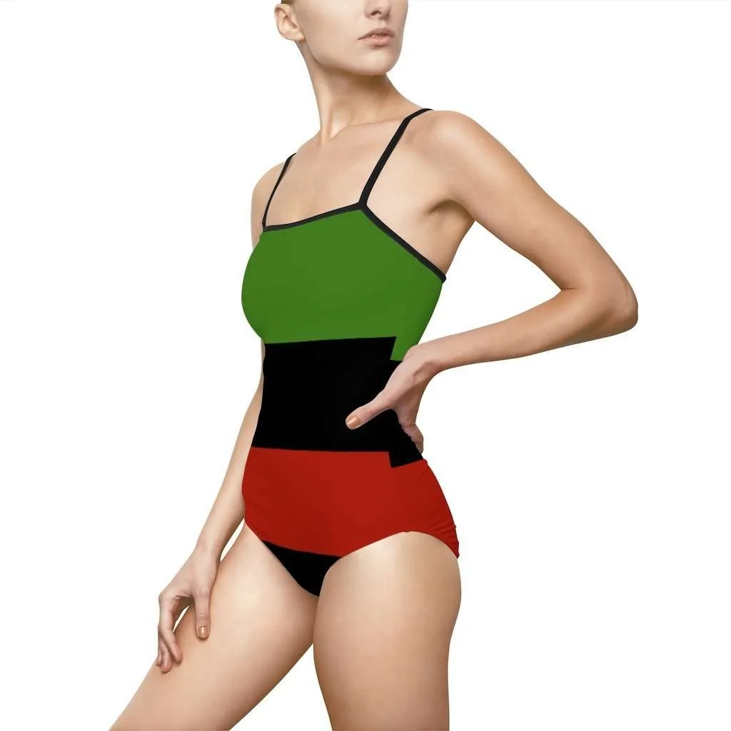 Pan African Flag Womens One piece swimsuit left side view. Rastaseed merchandise and blog