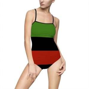 Pan African Flag Women's One-piece Swimsuit in Afro American colors. Black straps and hollowed out back. Comfortable fabric for swimming.