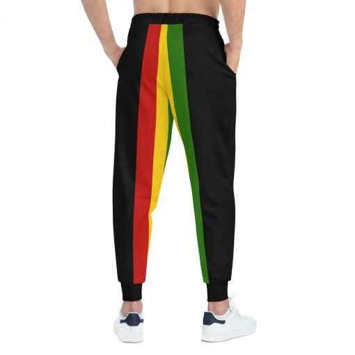 Rasta Athletic Joggers male model back view in red gold and green. Comfortable soft fabric with double layer insert pockets. Rastaseed clothing and merchandise.