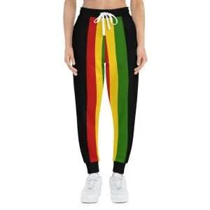 Rasta Athletic Joggers male model front view in red gold and green. Comfortable soft fabric with double layer insert pockets. Rastaseed clothing and merchandise.