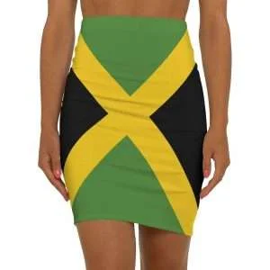 Jamaican Flag Womens Mini Skirt female model front view. Rastaseed Jamaican, Reggae, Rastafarian merchandise, clothing, accessories, shoes and more.