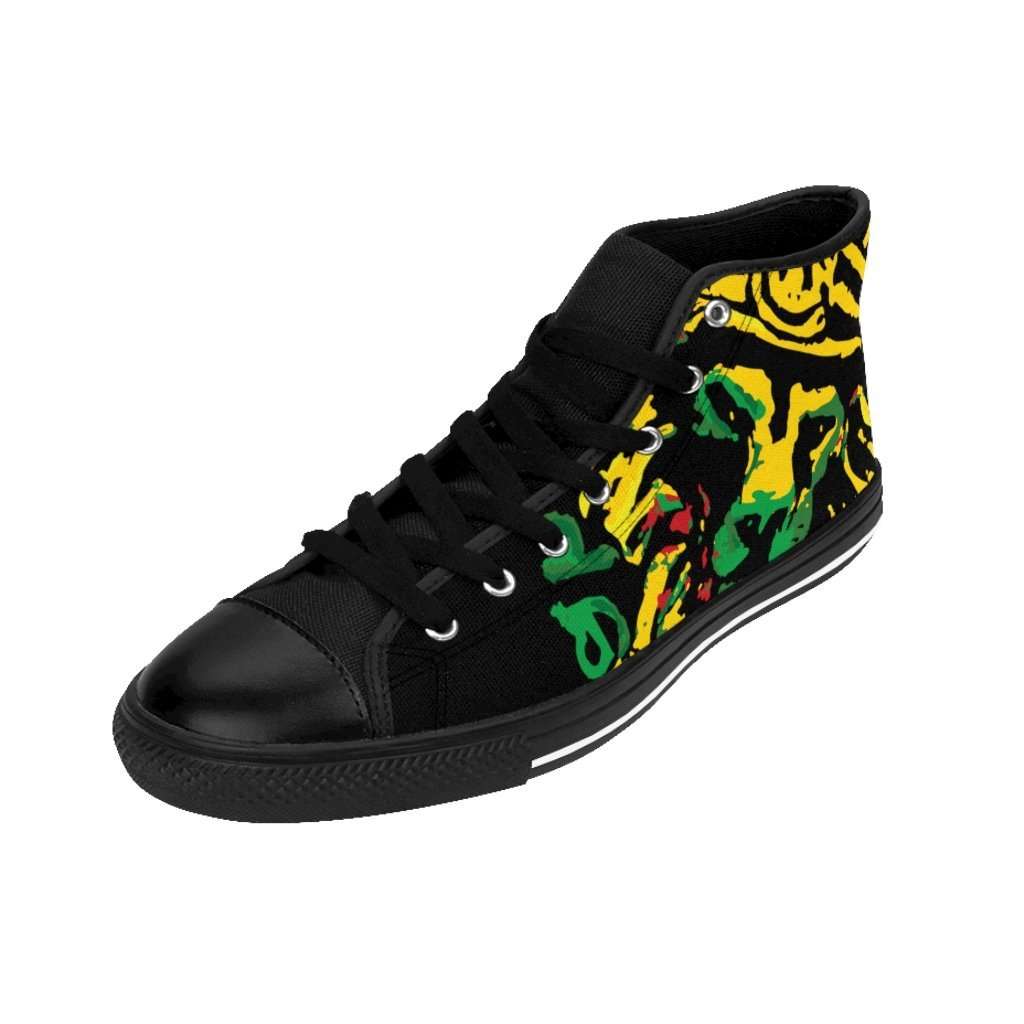 Jamaican Lion Mens High-top Sneakers left outside View Sneakers Rastafarian clothing shoes and merchandise Rastaseed.com