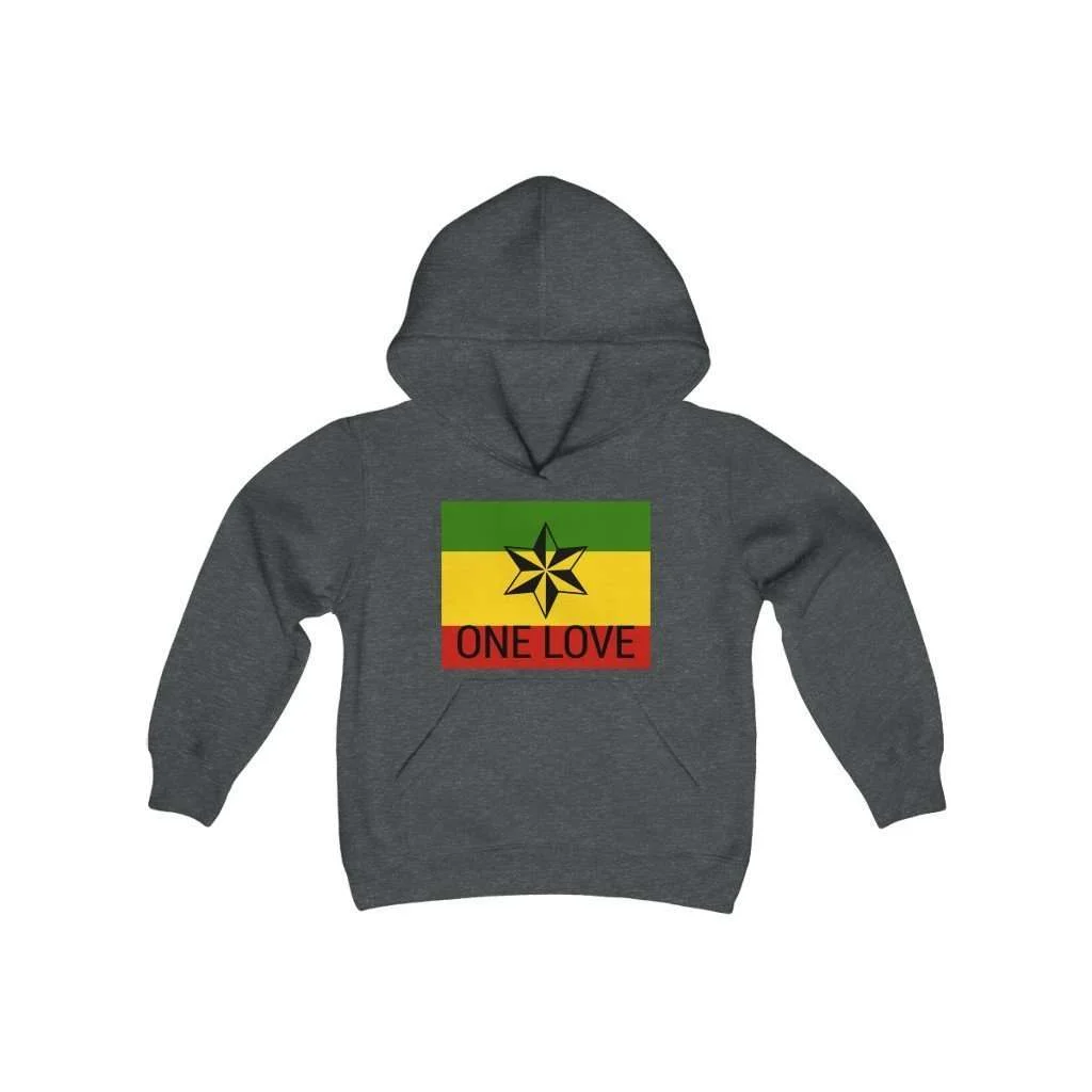 One Love Youth Hoodie. The dark Heather youth blend hooded sweatshirt is made of ultra-soft, preshrunk fleece that feels wonderful against the skin. Available in six colors. at Rastaseed .com