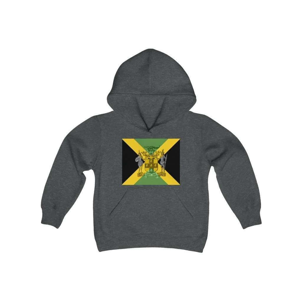 Jamaican Coat of Arms Youth Hoodie. Heather Cotton and Polyester fabric available in six colors. Rasta kids clothing and Jamaican Reggae designs at Rastaseed.com