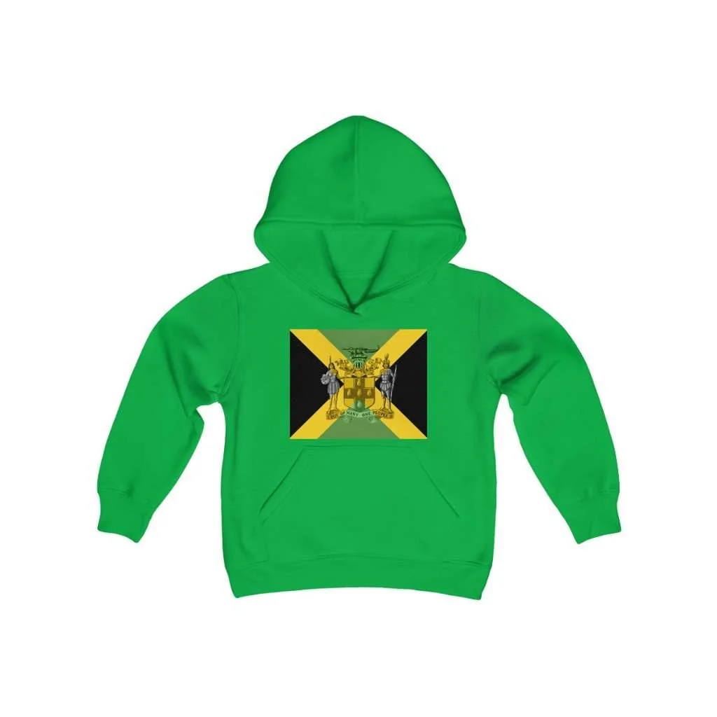 Jamaican Coat of Arms Youth Hoodie. Green Cotton and Polyester fabric available in six colors. Rasta kids clothing and Jamaican Reggae designs at Rastaseed.com