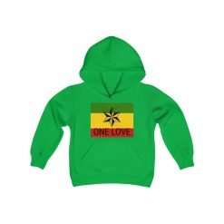 One Love Youth Hoodie. The green youth blend hooded sweatshirt is made of ultra-soft, preshrunk fleece that feels wonderful against the skin. Available in six colors.