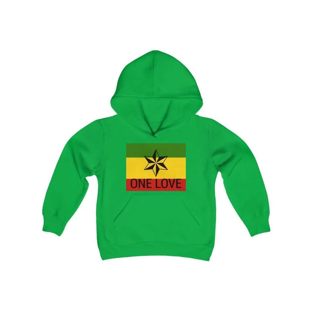 One Love Youth Hoodie. The green youth blend hooded sweatshirt is made of ultra-soft, preshrunk fleece that feels wonderful against the skin. Available in six colors.