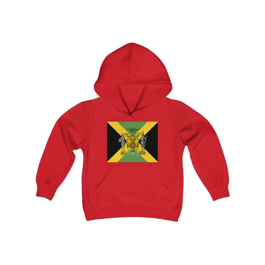 Jamaican Coat of Arms Youth Hoodie. Red Cotton and Polyester fabric available in six colors. Rasta kids clothing and Jamaican Reggae designs at Rastaseed.com