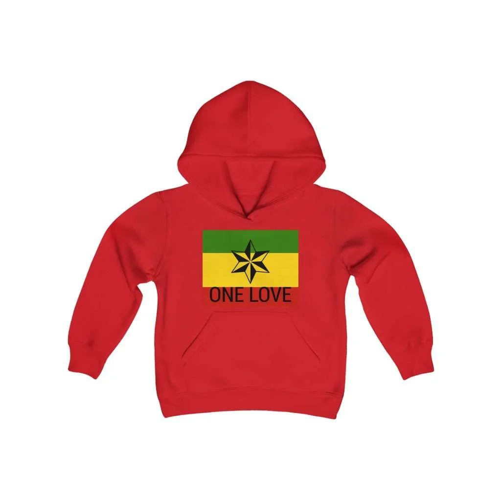One Love Youth Hoodie. The red youth blend hooded sweatshirt is made of ultra-soft, preshrunk fleece that feels wonderful against the skin. Available in six colors. at Rastaseed .com
