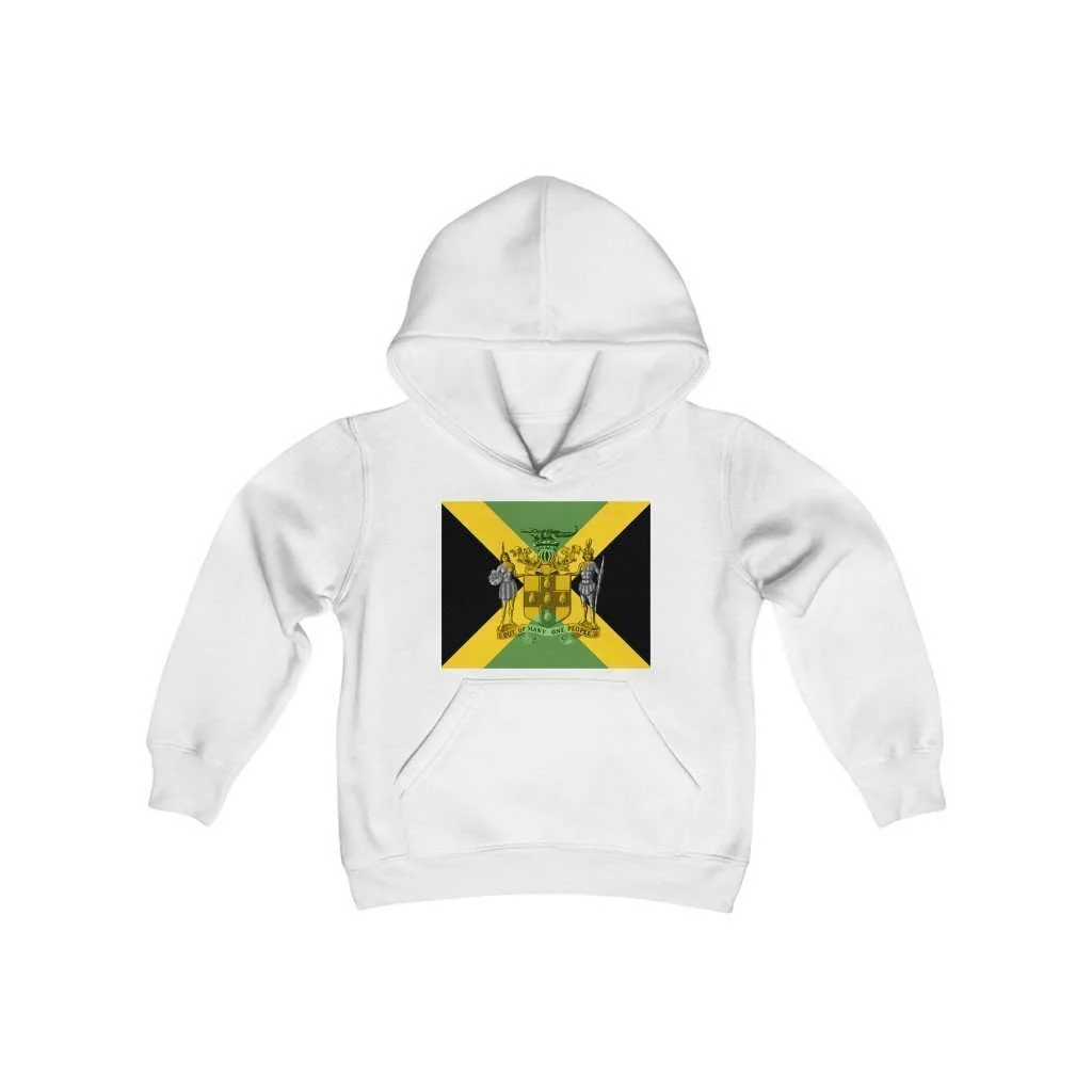 Jamaican Coat of Arms Youth Hoodie. White Cotton and Polyester fabric available in six colors. Rasta kids clothing and Jamaican Reggae designs at Rastaseed.com