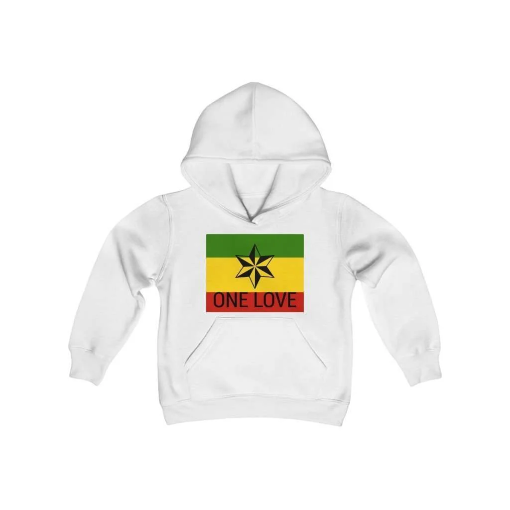 One Love Youth Hoodie. The white youth blend hooded sweatshirt is made of ultra-soft, preshrunk fleece that feels wonderful against the skin. Available in six colors. at Rastaseed .com