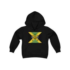 Jamaican Coat of Arms Youth Hoodie. Cotton and Polyester fabric available in six colors. Rasta kids clothing and Jamaican Reggae designs at Rastaseed.com