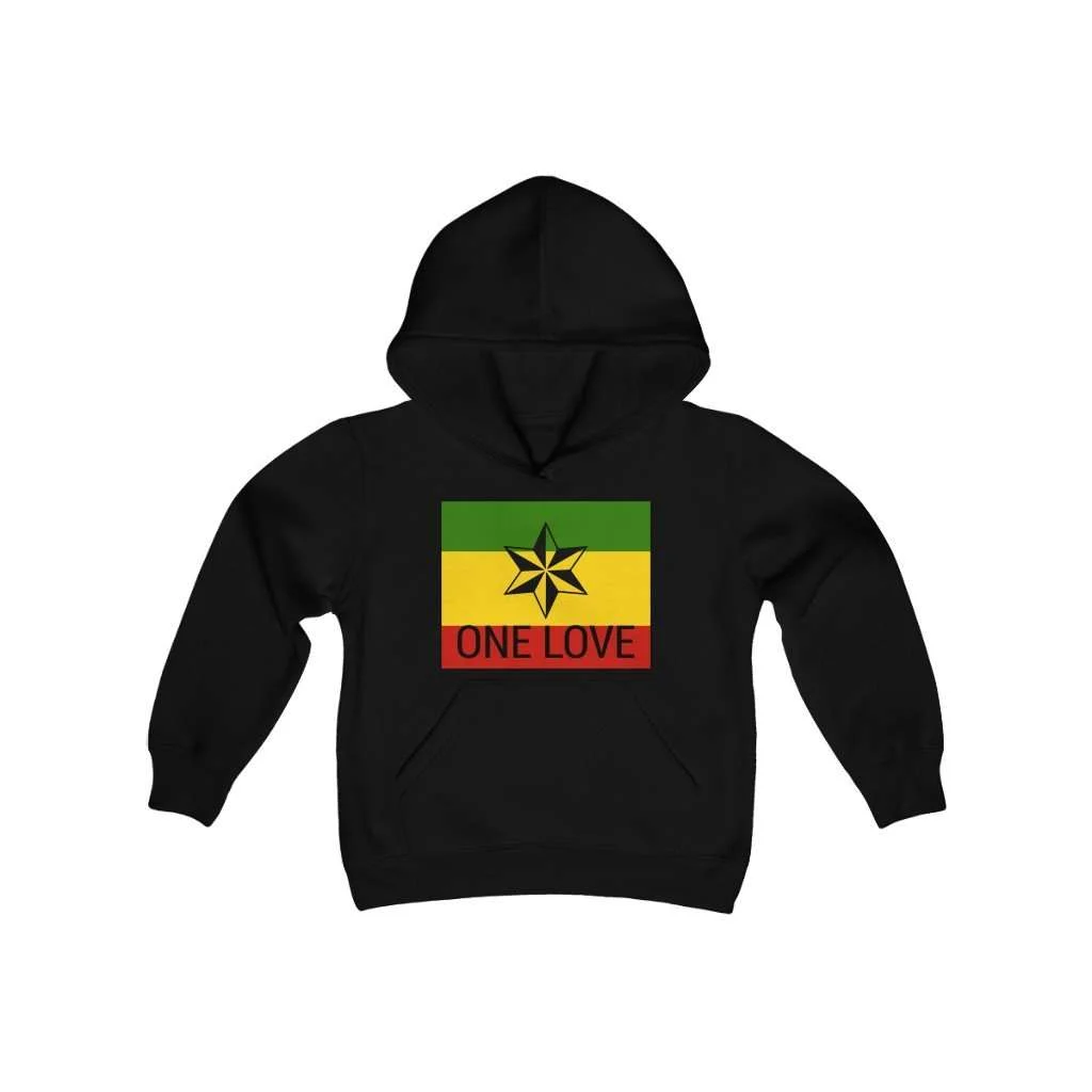 One Love Youth Hoodie. The black youth blend hooded sweatshirt is made of ultra-soft, preshrunk fleece that feels wonderful against the skin. Available in six colors. at Rastaseed .com