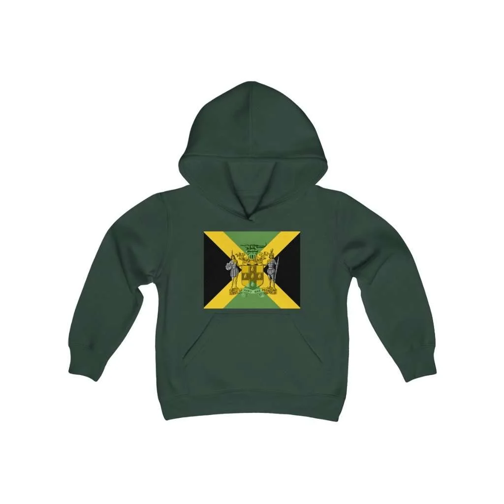 Jamaican Coat of Arms Youth Hoodie. Forest Green Cotton and Polyester fabric available in six colors. Rasta kids clothing and Jamaican Reggae designs at Rastaseed.com
