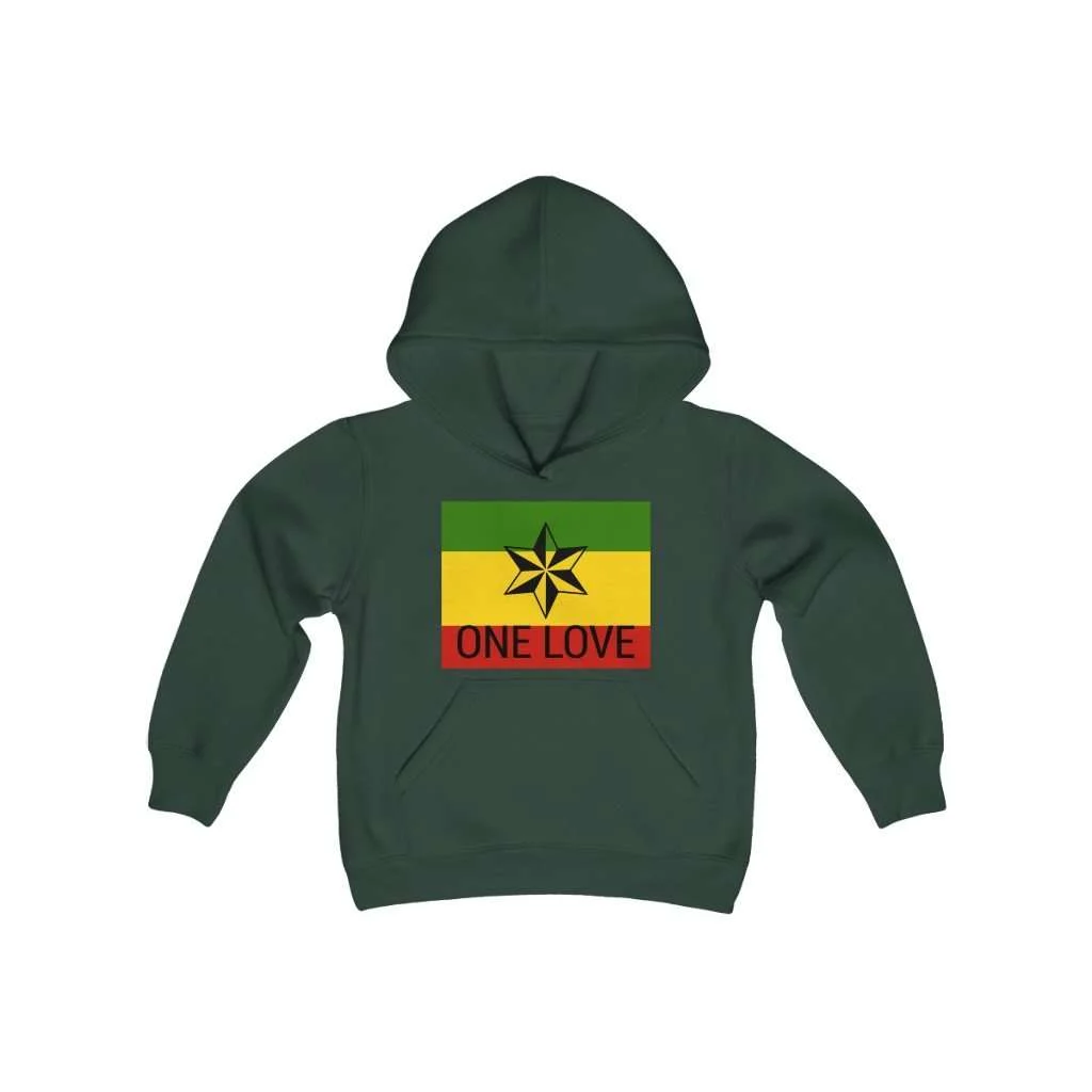 One Love Youth Hoodie. The forest green youth blend hooded sweatshirt is made of ultra-soft, preshrunk fleece that feels wonderful against the skin. Available in six colors. at Rastaseed .com
