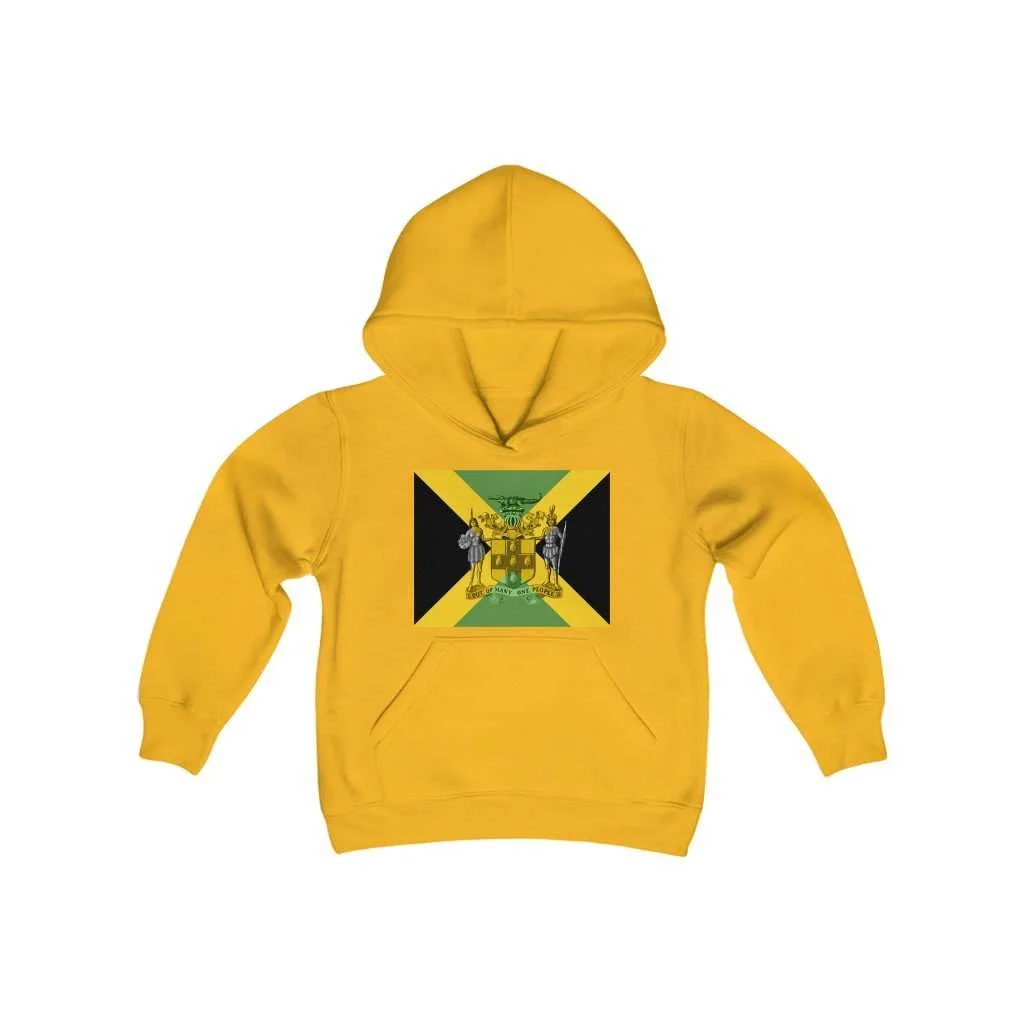 Jamaican Coat of Arms Youth Hoodie. Yellow Cotton and Polyester fabric available in six colors. Rasta kids clothing and Jamaican Reggae designs at Rastaseed.com