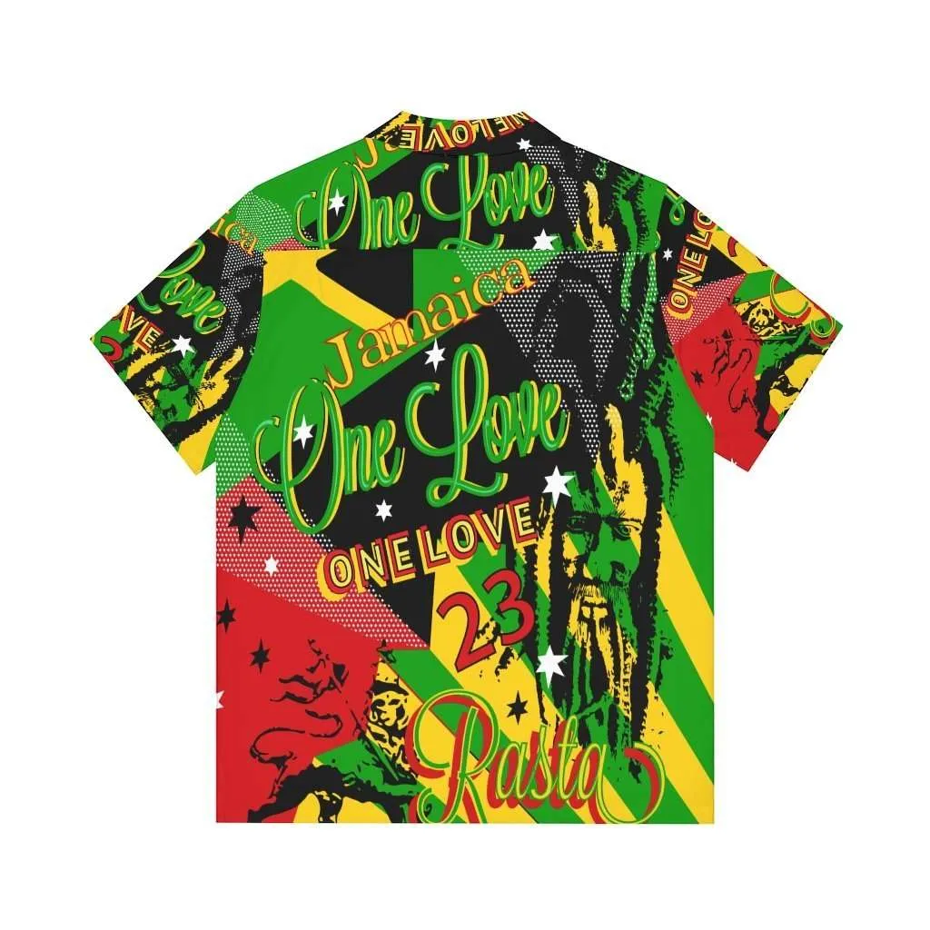 Rasta Reggae Party shirt back view in vivid rasta colors and fun graphics. Hawaiian style button up shirt at Rastaseed Jamaican merchandise.