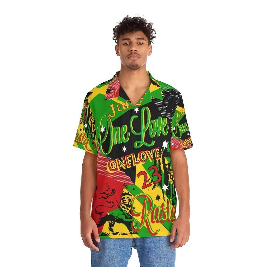 Rasta Reggae Party shirt male model front view in vivid rasta colors and fun graphics. Hawaiian style button up shirt at Rastaseed Jamaican merchandise.