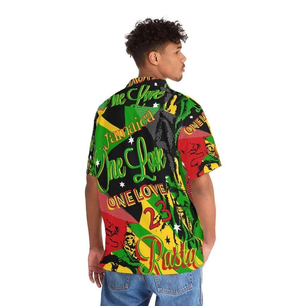 Rasta Reggae Party shirt male model back view in vivid rasta colors and fun graphics. Hawaiian style button up shirt at Rastaseed Jamaican merchandise.