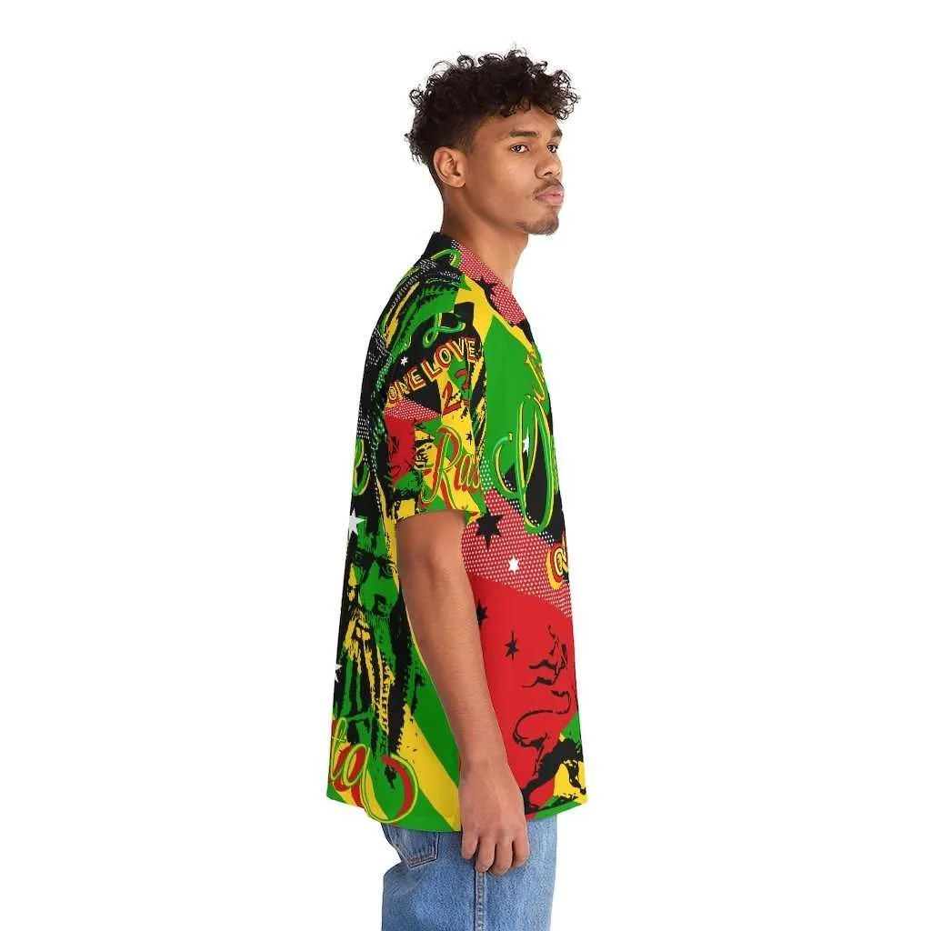Rasta Reggae Party shirt male model left side view in vivid rasta colors and fun graphics. Hawaiian style button up shirt at Rastaseed Jamaican merchandise.