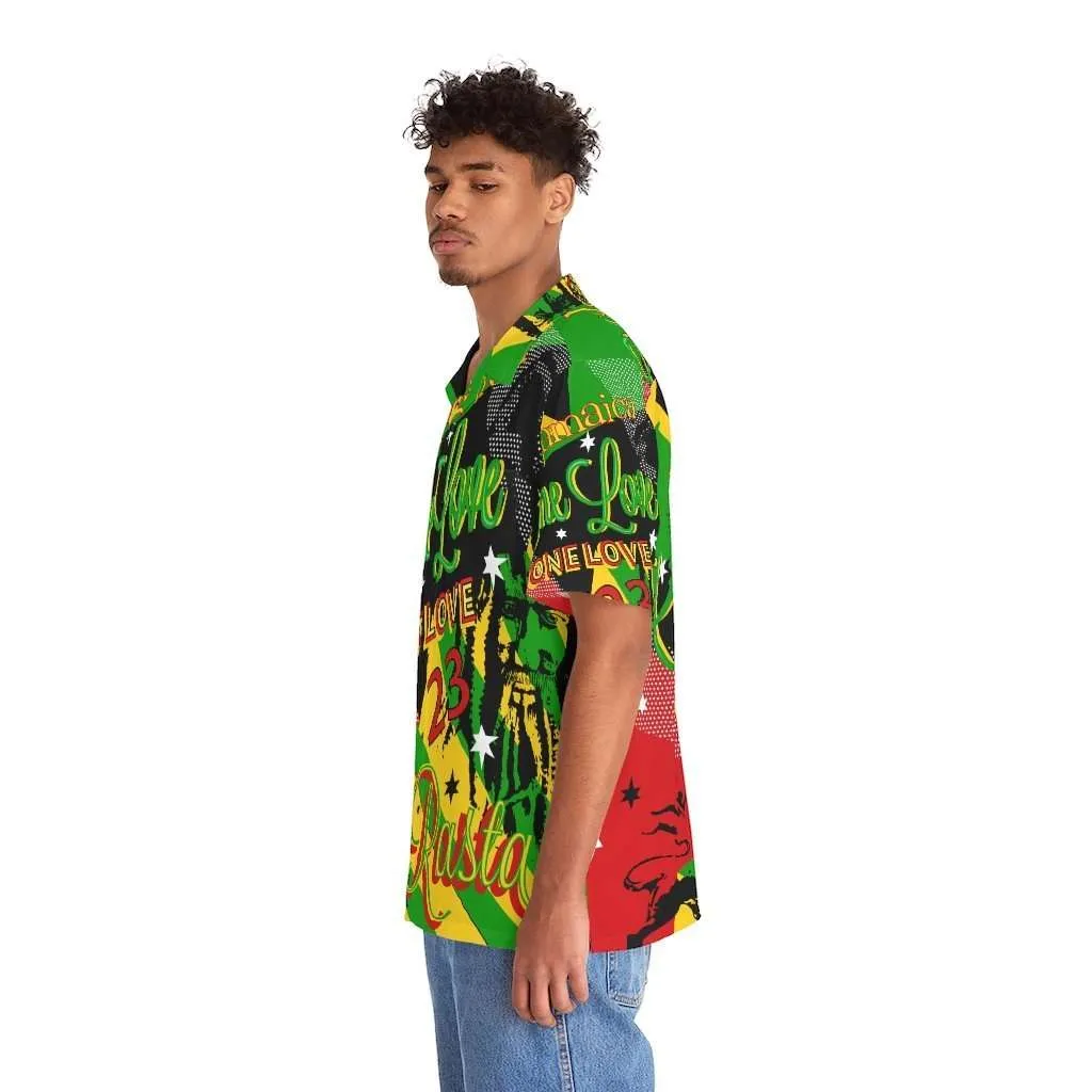 Rasta Reggae Party shirt male model right side view in vivid rasta colors and fun graphics. Hawaiian style button up shirt at Rastaseed Jamaican merchandise.