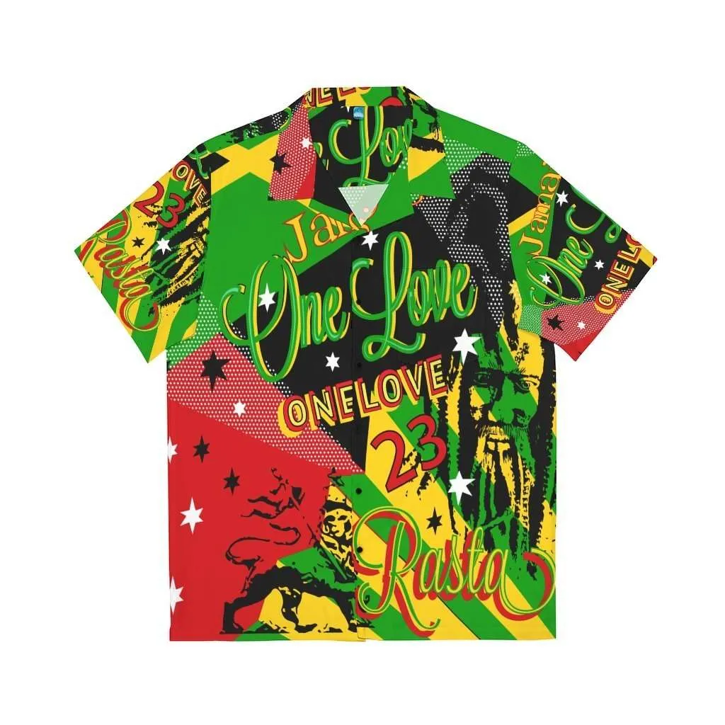 Rasta Reggae Party shirt in vivid rasta colors and fun graphics. Hawaiian style button up shirt at Rastaseed Jamaican merchandise.