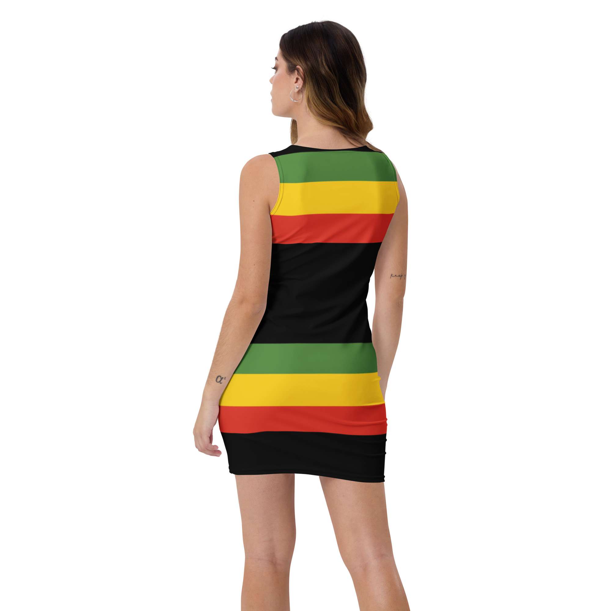 Rasta Bodycon Dress back view in black red gold and green. Flattering body hugging style and original style by Rastaseed clothing and merchandise.