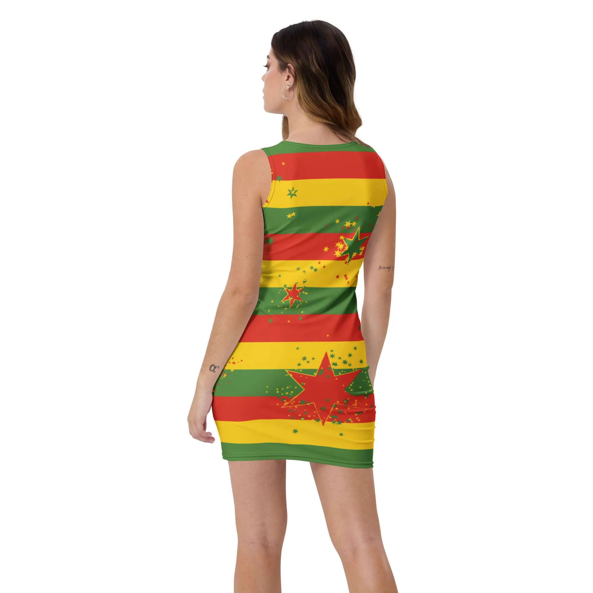 Rasta Stars and Stripes Bodycon Reggae Dress back view. Cute print design on body hugging dress at Rastaseed merchandise and clothing store.