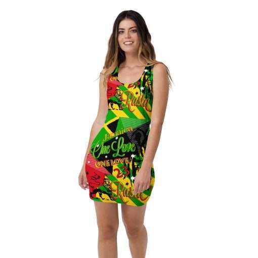 Jamaican Reggae Rasta Party Dress Front View in a stretch bodycon style. Rastaseed original designs on Jamaican Reggae and Rasta Clothing.