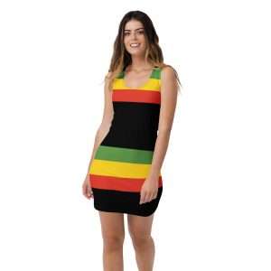 Rasta Bodycon Dress in black red gold and green. Flattering body hugging style and original style by Rastaseed clothing and merchandise.