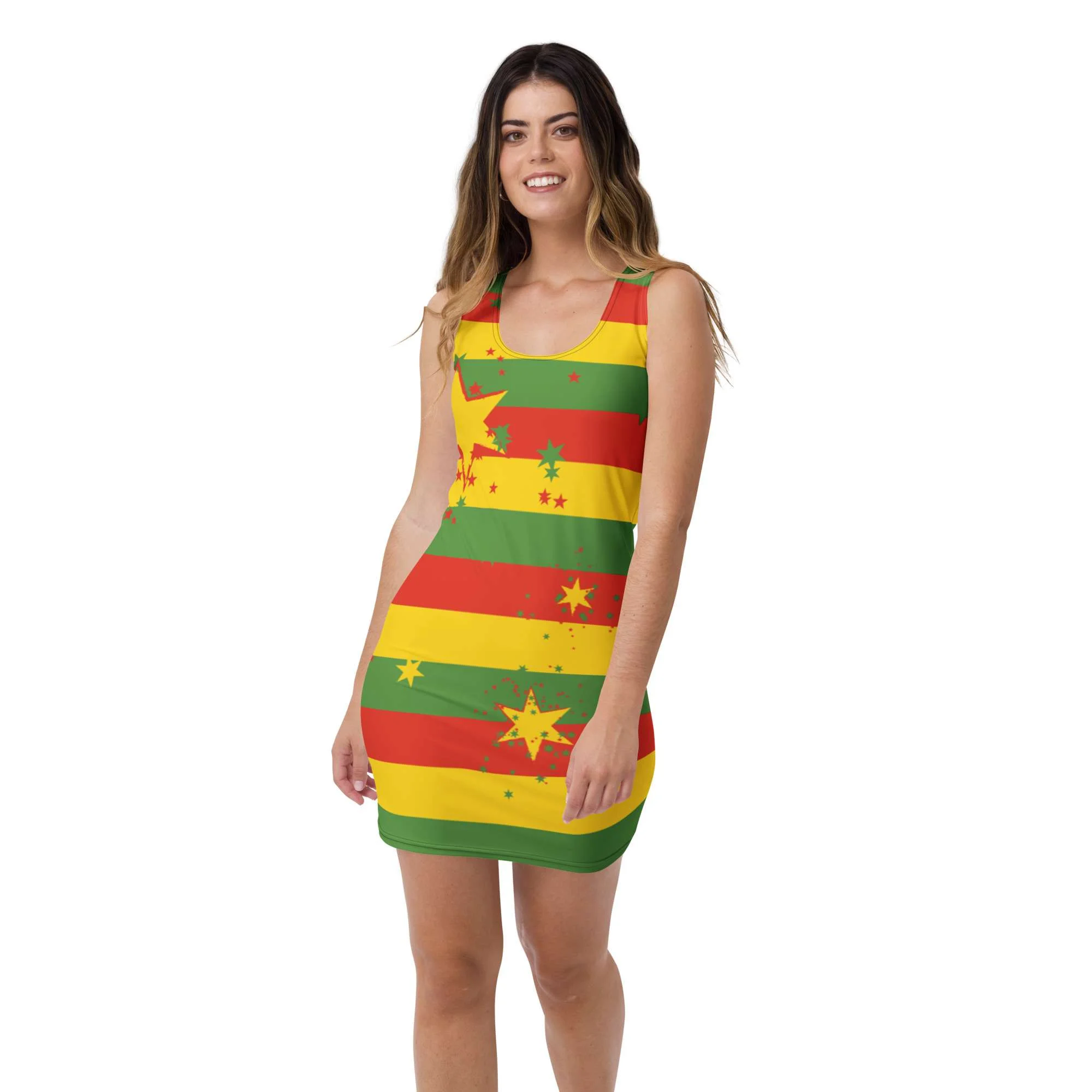 Rasta Stars and Stripes Bodycon Reggae Dress. Cute print design on body hugging dress at Rastaseed merchandise and clothing store.