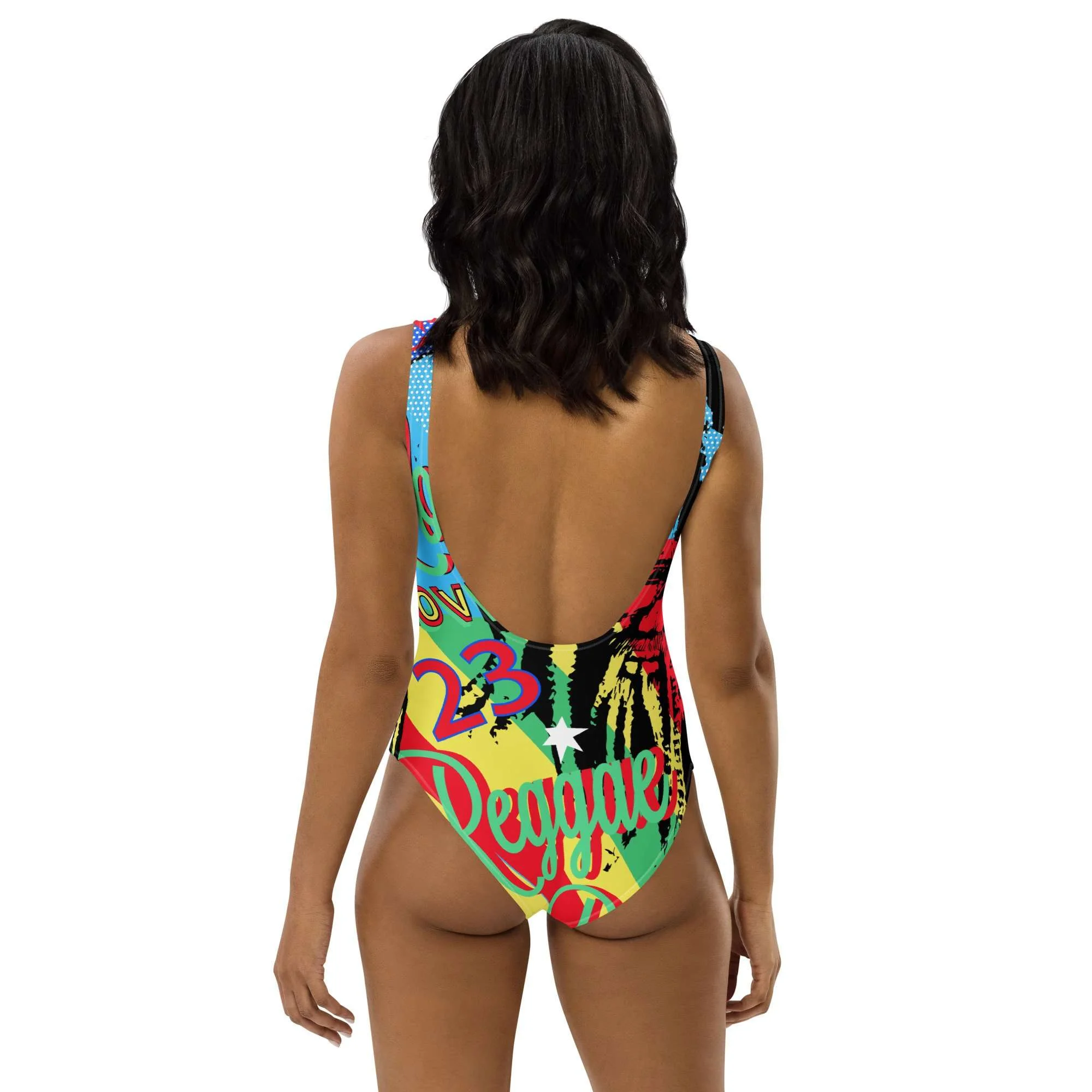 Reggae Party One-Piece Swimsuit back view in fabulous print design. Original style created by Rastaseed clothing and merchandise brand.