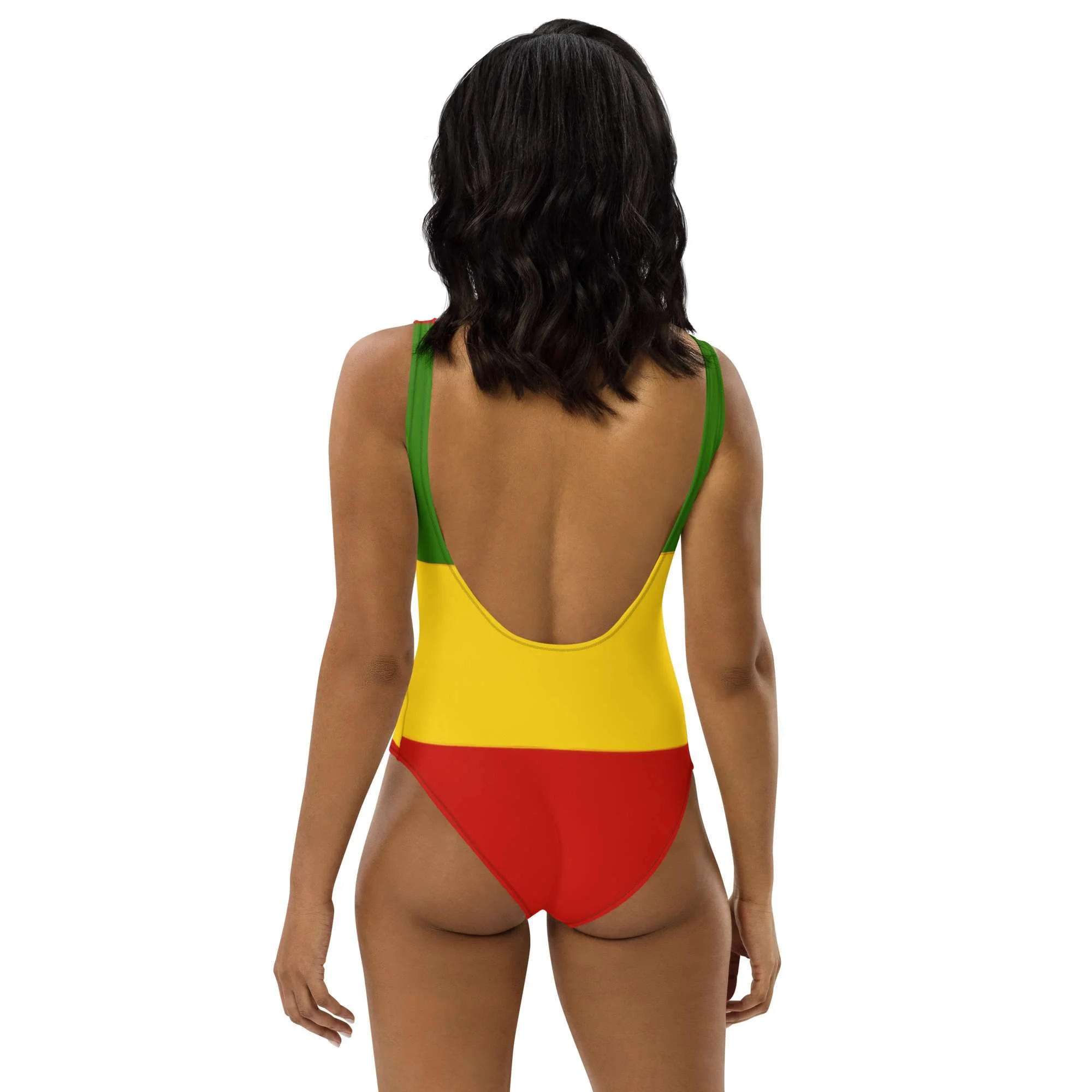 This Rasta swimsuit in red gold and green in a flattering stretch design back view. Original merchandise designed by Rastaseed clothing brand.