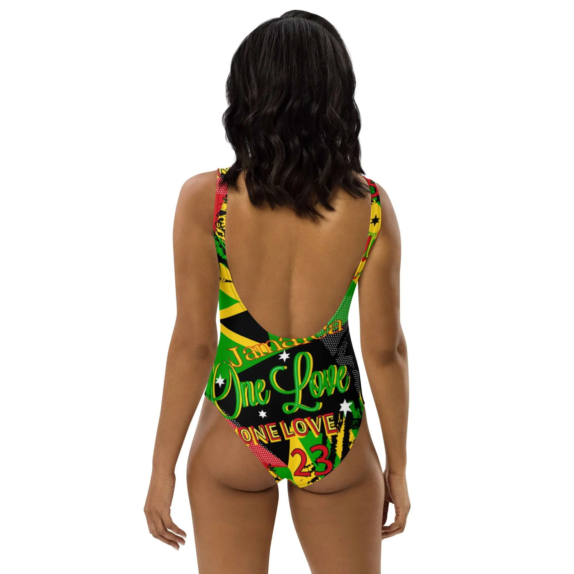 Jamaican Rasta One-Piece Swimsuit back view in cool funky print design. Original design by Rastaseed.com online Rastafarian clothing shop.