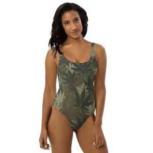 Hemp Camo One-Piece Swimsuit in unique hemp leaf camouflage design. Original design by Rastaseed.com online merchandise and clothing